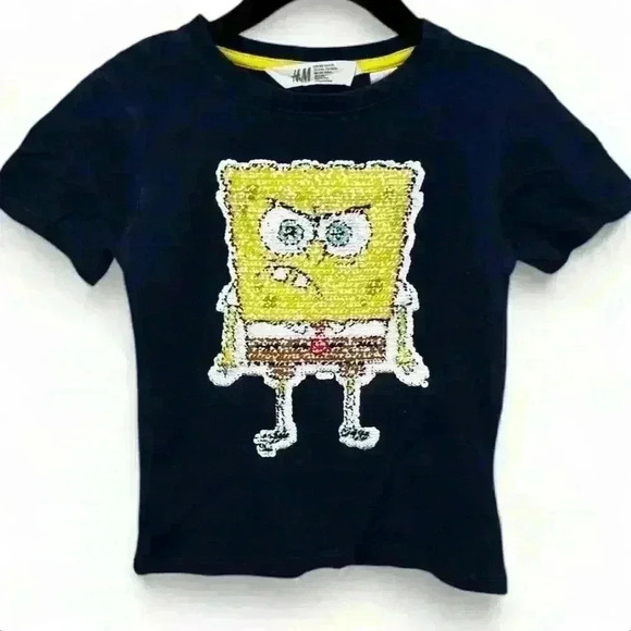 H&M Kids SpongeBob Sequin T-Shirt Blue Size 3-4 yrs old Short Sleeve Crew Neck - Picture 1 of 6